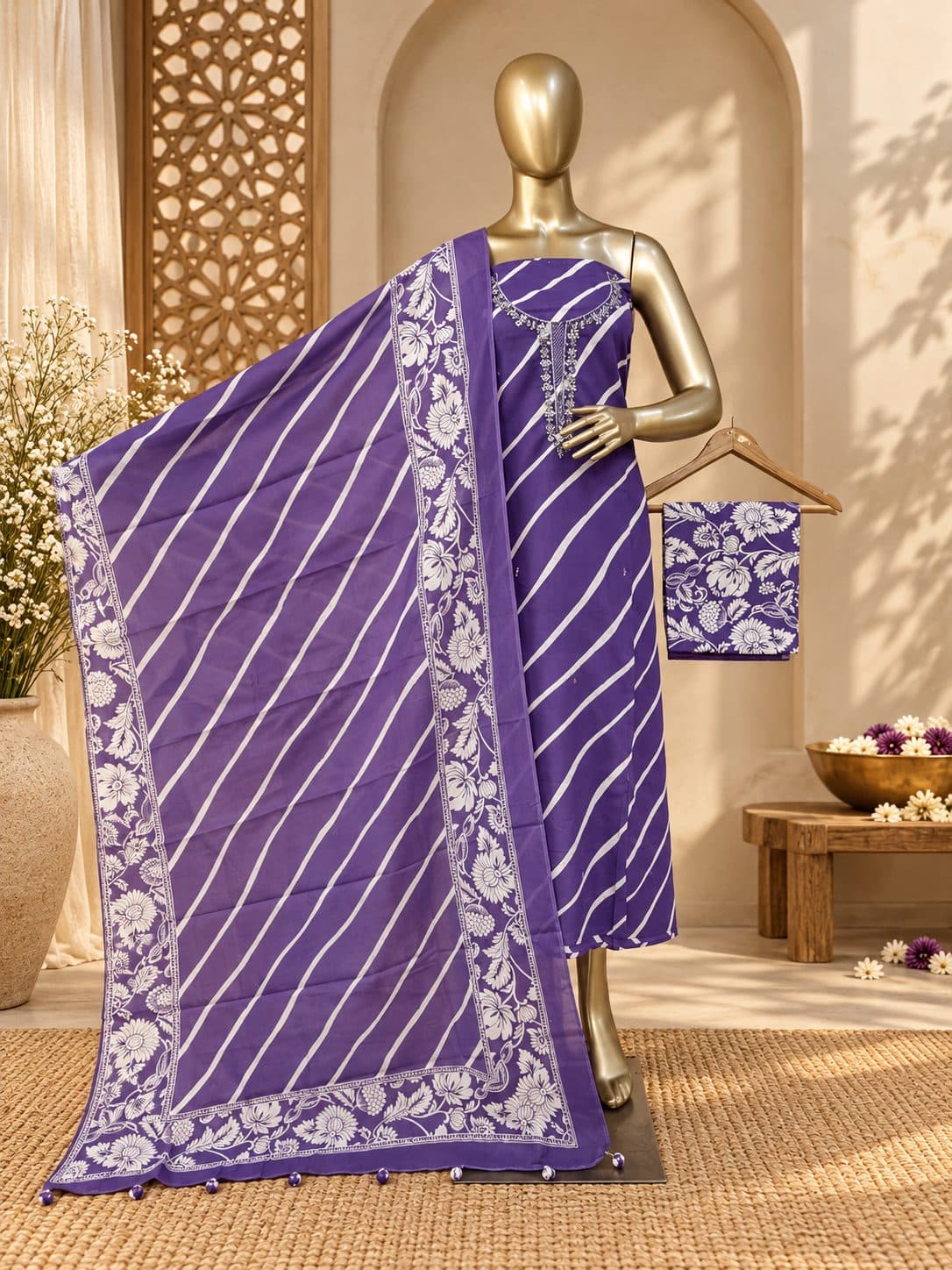 Premium Cotton Suit with Embroidered Neckline & Matching Cotton Dupatta